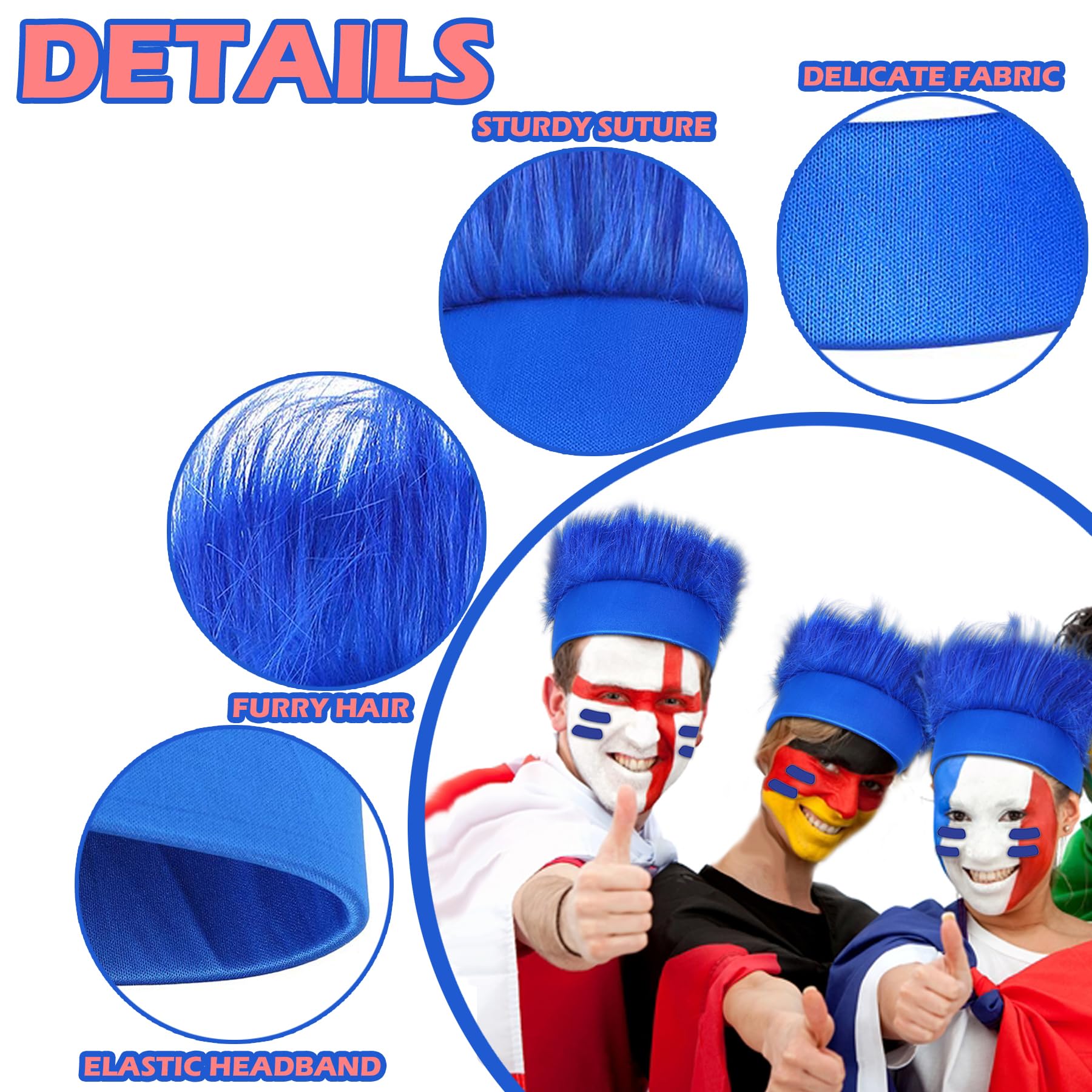 6 Pcs Hairy Costume Headband Crazy Trolls Flowy Hair Wig & Stickers, Halloween Spirit Day Themed Party Costume Accessory Sports Fans Cheering Headwear Supplies (Blue)