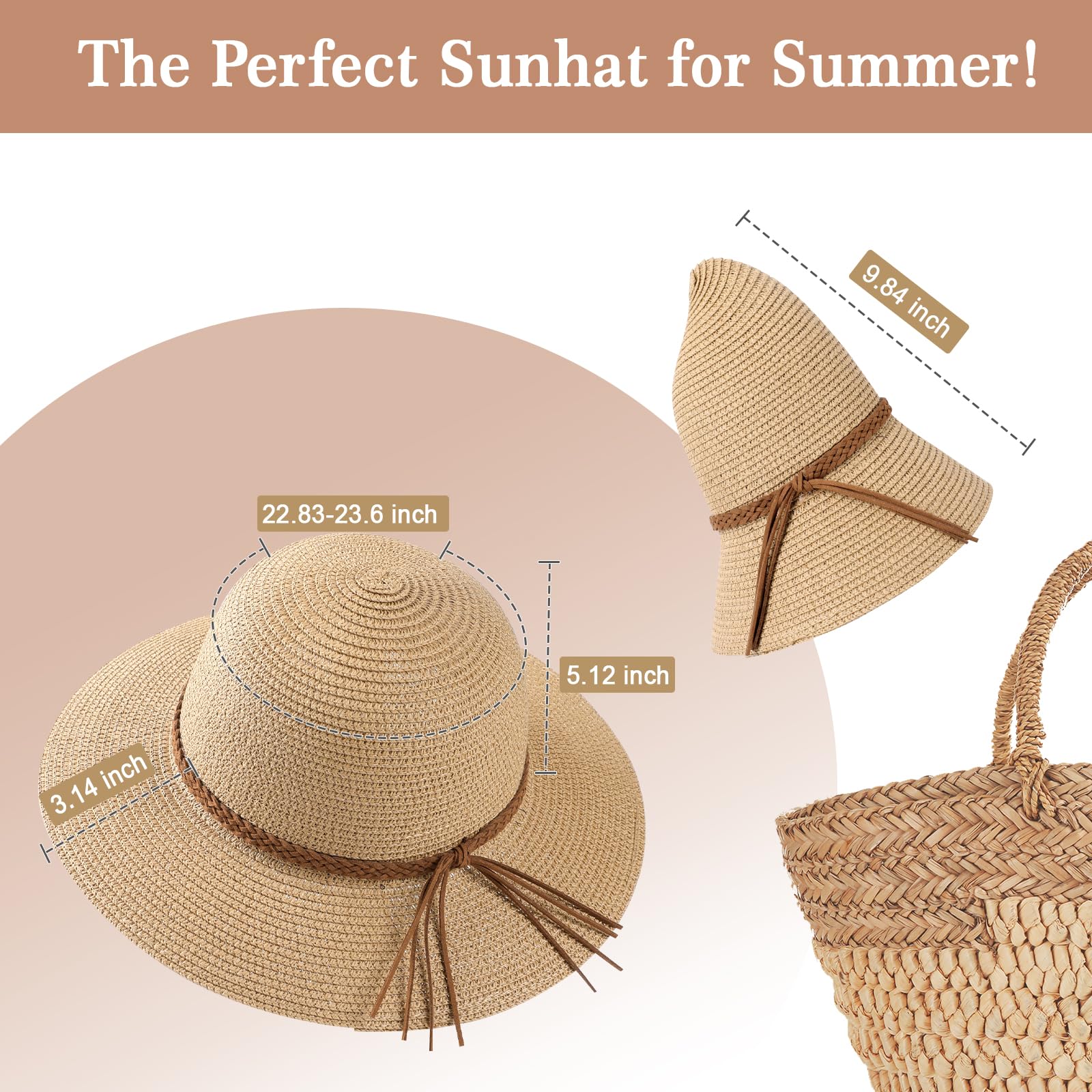 Sun Hats for Women, Wide Brim Beach Straw Hat for Women UPF 50+ UV Sun Protection Beach Hat Foldable Packable Roll up Cap