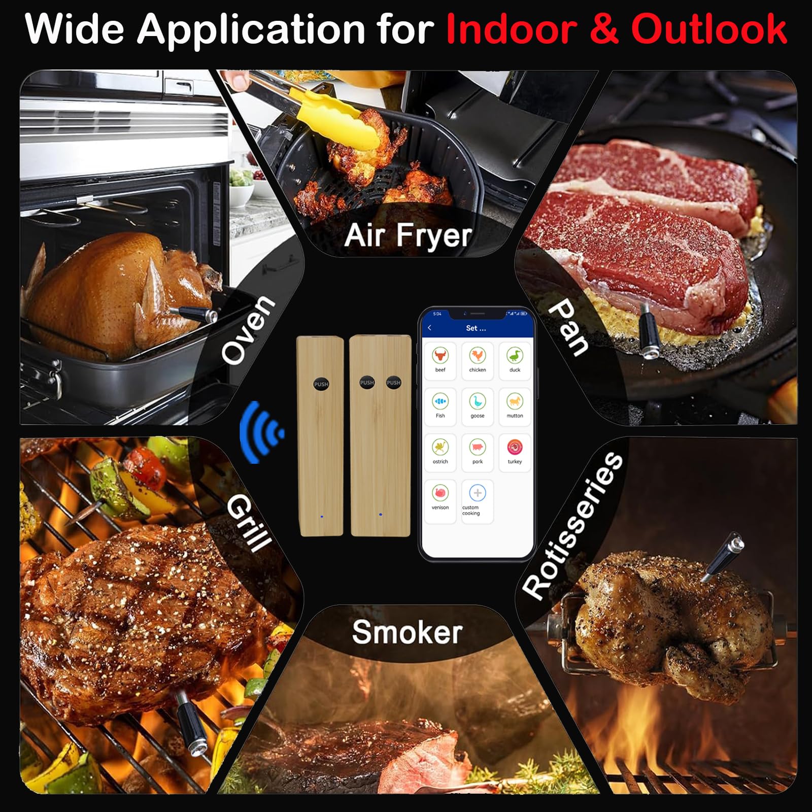 New 500FT Smart Wireless Meat Thermometer APP Control Bluetooth Wireless Digital Cooking Thermometer for Grilling and Smoking/BBQ/Oven/Smoker/Air Fryer/Stove (2*Probe)