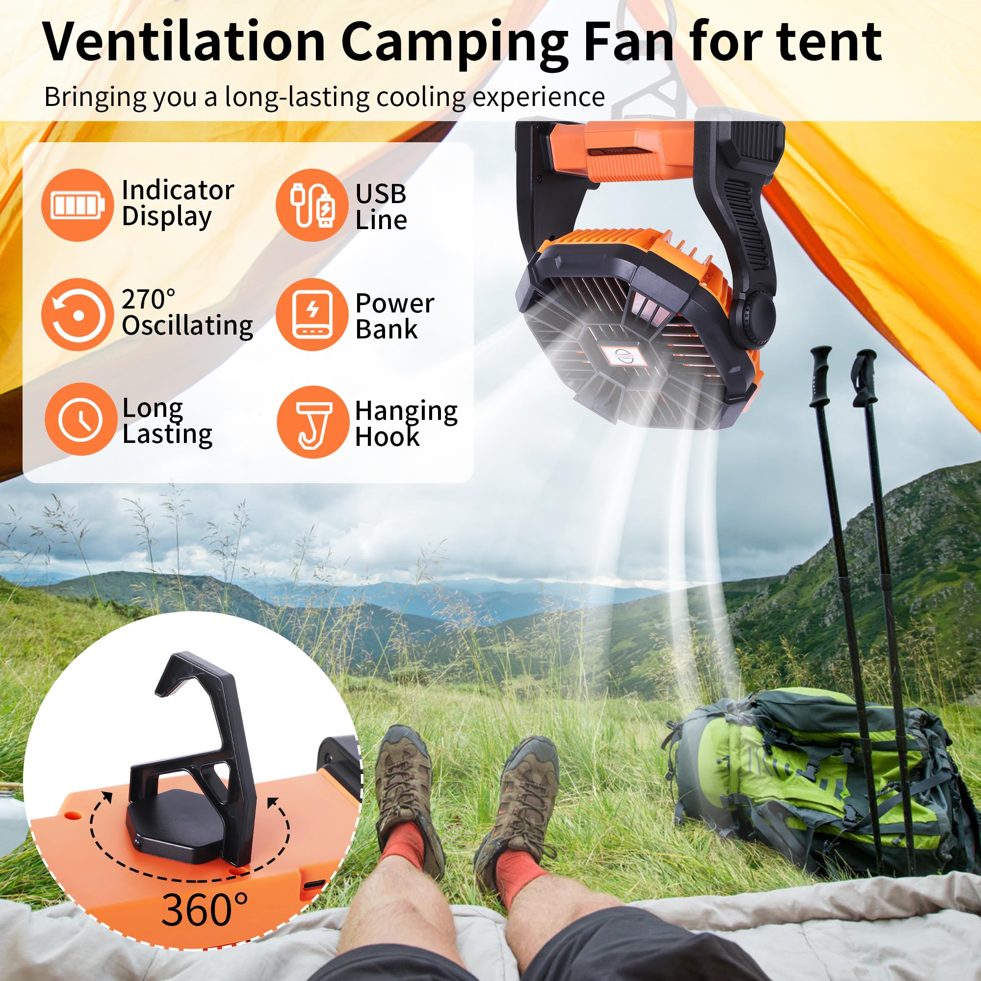 TDLOL Battery Powered Fan，270° Rotating Portable Fan Camping Fan Rechargeable Battery Operated Fan, USB Desk Personal Fan Tent Fan with Hook, Outdoor Fan Camping Fans for Tents,Travel Fan