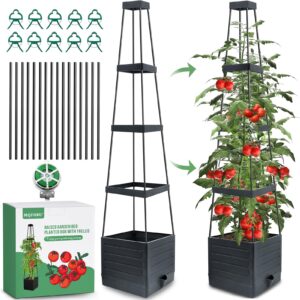 mqforu tomato planter with trellis, 57" raised garden bed planters box for climbing vegetables plant, self watering tomato support cages for garden pots, use for patios greenhouse indoor outdoor（1pc）