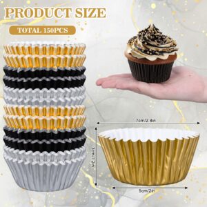 Whaline 150Pcs Graduation Cupcake Liners Congrats Grad Foil Baking Cups Black Silver Gold Foil Metallic Cupcake Wrappers for College High School Birthday Party Supplies Table Decor