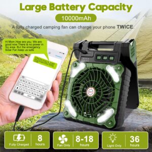 4 Speeds Solar Battery Operated Fan for Camping, 10000mAh Portable Rechargeable Desk Fan with LED Light & Timing Function, Folding USB Charger Port Camping Fan Power Bank for Home Office Car Outdoor