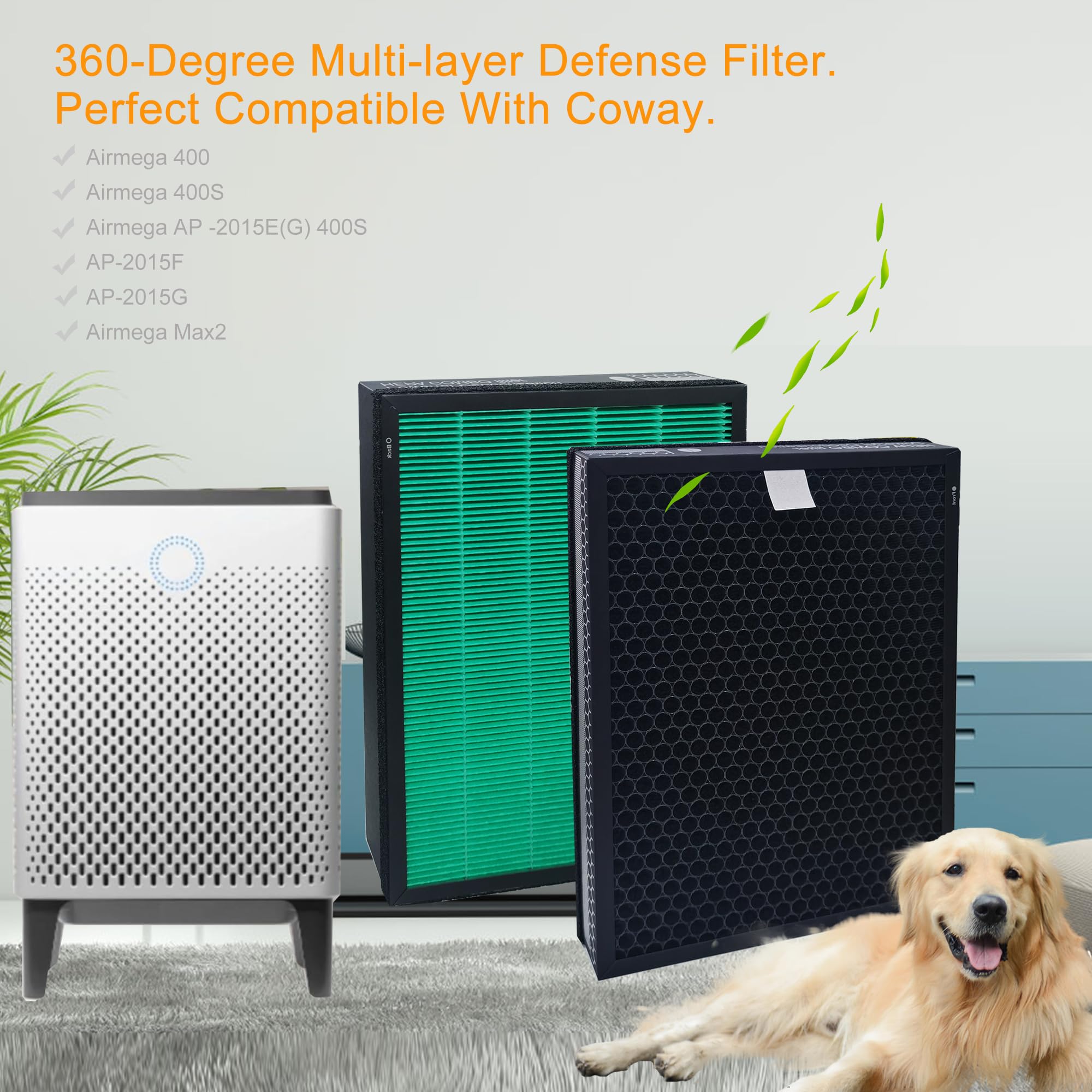 IZSOHHOME Compatible with Coway 400/400S Air Purifier,Coway AIRMEGA Max2 400/400S Air Purifier, AP-2015-FP, Max 2 Green True HEPA with Active Carbon Filter,2 Air Purifier True Hepa Filters (2 PACK)