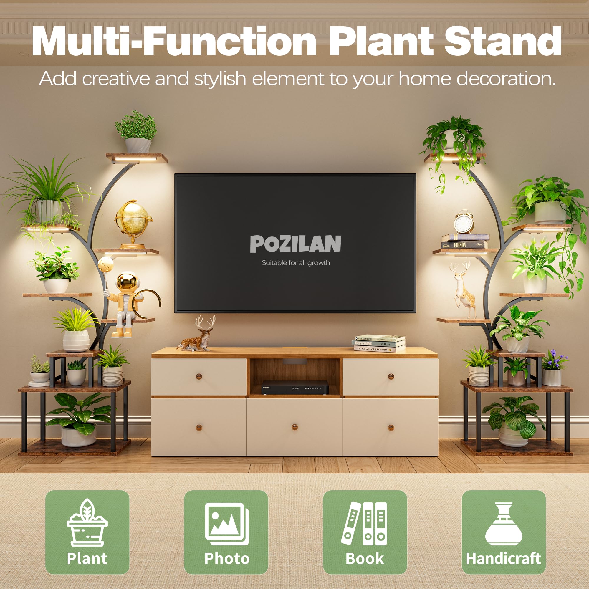 POZILAN Plant Stand Indoor with Grow Light, 8-Tiered Tall Plant Stands for Indoor Plants Multiple, Metal Plant Shelf Display Rack Holder, Flower Stand for Indoor Plants, Living Room, Garden, Patio