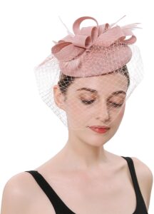 focupaja fascinators hats women pillbox hat with mesh veil feathers derby headband wedding headwear tea party hair clip 20s 50s top hat w4-38-pink