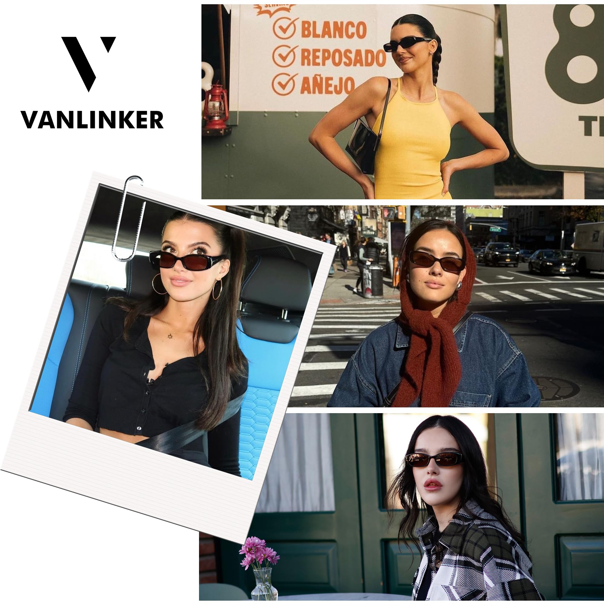 VANLINKER Black Trendy Small Polarized Rectangle Sunglasses for Women Men Retro 90s Shades Brown Lens VL9787