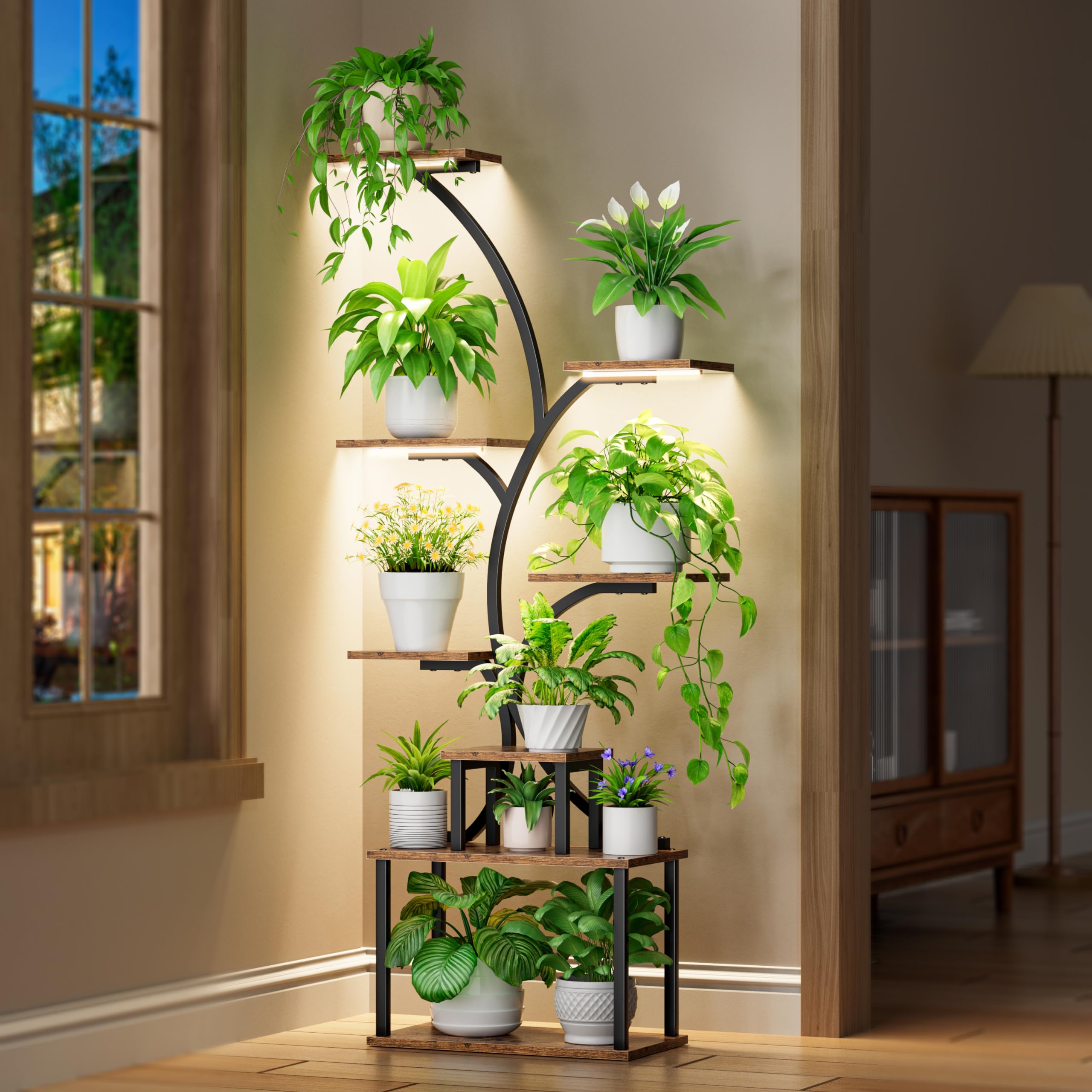 POZILAN Plant Stand Indoor with Grow Light, 8-Tiered Tall Plant Stands for Indoor Plants Multiple, Metal Plant Shelf Display Rack Holder, Flower Stand for Indoor Plants, Living Room, Garden, Patio