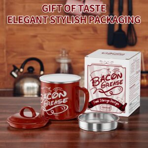 Ffrwjc Bacon Grease Saver with Strainer - 46OZ Bacon Grease Container for Kitchen, Large Enamel Stainless Steel oil container for Bacon Fat Dripping, Farmhouse Kitchen Decor, Dishwasher Safe (RED)