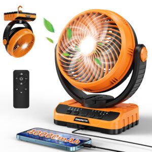 40000mah rechargeable camping fan with remote,battery operated table fan with led lantern,auto oscillating,timer,hanging hook,portable tent fan for camping,home,jobsite,travel,hurricane,power outag