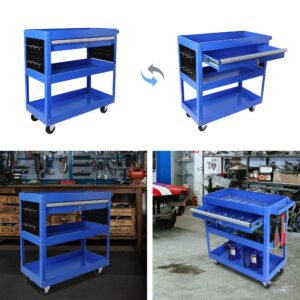 Heavy Duty 3 Tier Rolling Tool Cart with 1-Drawer,Service Cart Tool Organizer with Locking,Utility Cart Industrial Storage with Wheels and Handle for Warehouse,Garage,Workshop,Mechanic,Blue