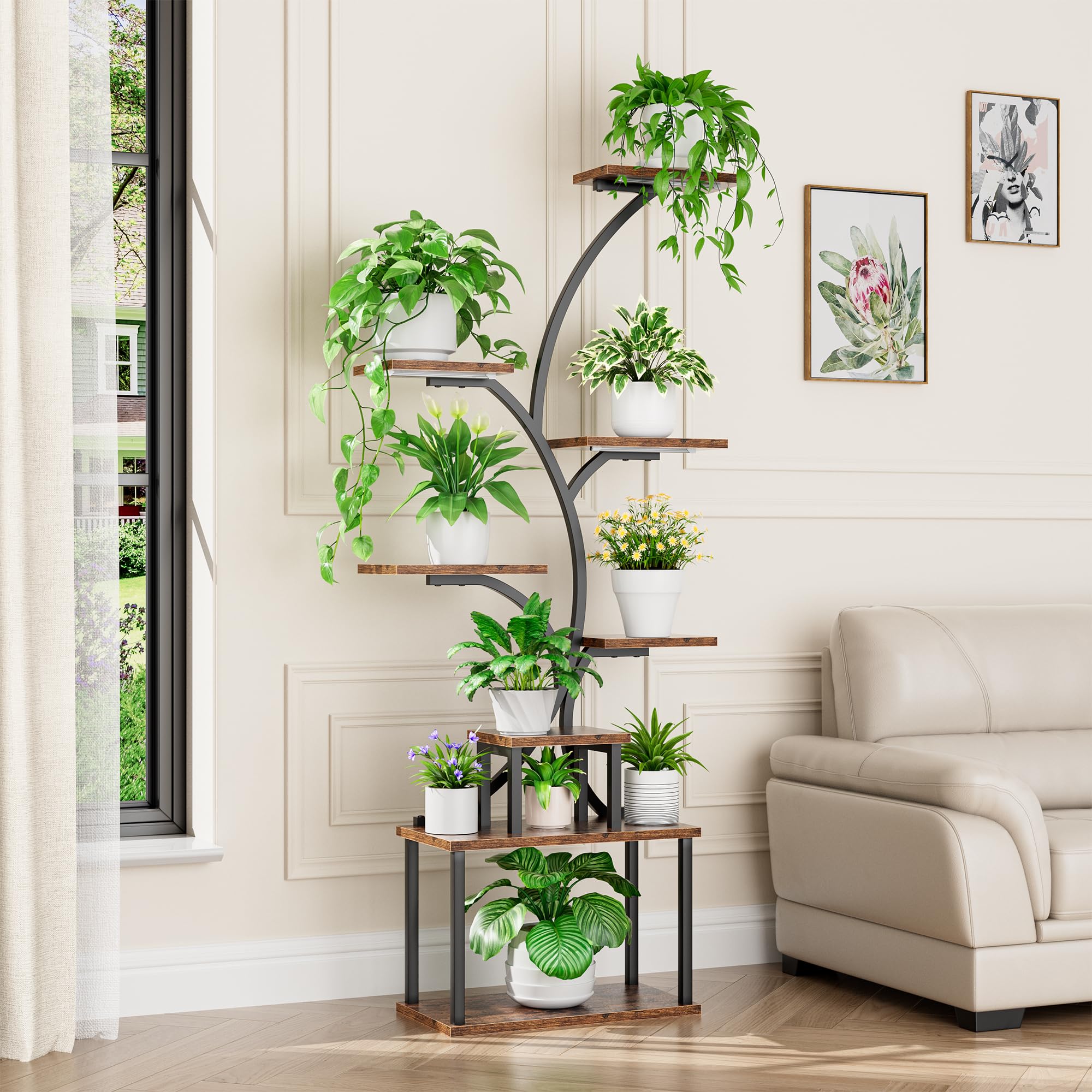 POZILAN Plant Stand Indoor with Grow Light, 8-Tiered Tall Plant Stands for Indoor Plants Multiple, Metal Plant Shelf Display Rack Holder, Flower Stand for Indoor Plants, Living Room, Garden, Patio