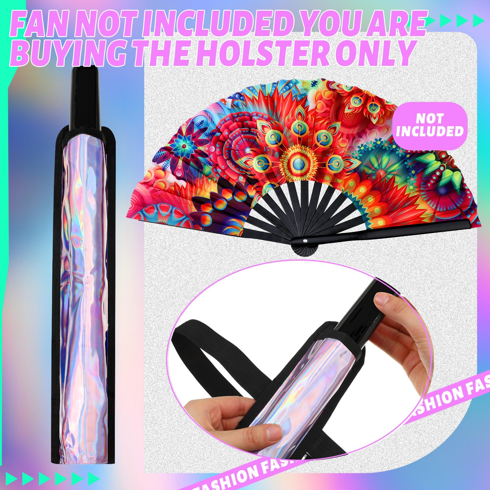 Cosblank Summer Rave Fan Holster Rave Fan Holder Folding Hand Fan Pouch Foldable Fan Sleeves with Waist Belt for Thigh Party (Holographic Silver,Classic Style)