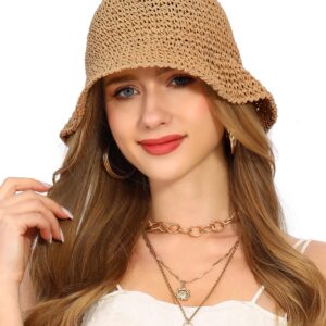 Rulala Fancy Womens Sun Hat Handmade Straw Bucket UV Protection Wide Brim Packable Travel Summer Cap for Beach UPF 50+(Khaki)