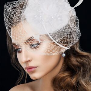 Kidukso Mesh Veil Hats Headbands Bridal Fascinators Hats with Headband and Clip Women Lady Kentucky Derby Cap Wedding Tea Party, White