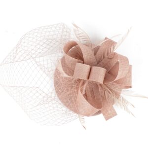 Focupaja Fascinators Hats Women Pillbox Hat with Mesh Veil Feathers Derby Headband Wedding Headwear Tea Party Hair Clip 20s 50s Top Hat W4-38-Pink