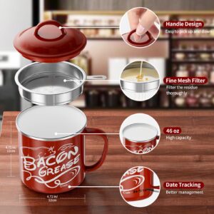 Ffrwjc Bacon Grease Saver with Strainer - 46OZ Bacon Grease Container for Kitchen, Large Enamel Stainless Steel oil container for Bacon Fat Dripping, Farmhouse Kitchen Decor, Dishwasher Safe (RED)