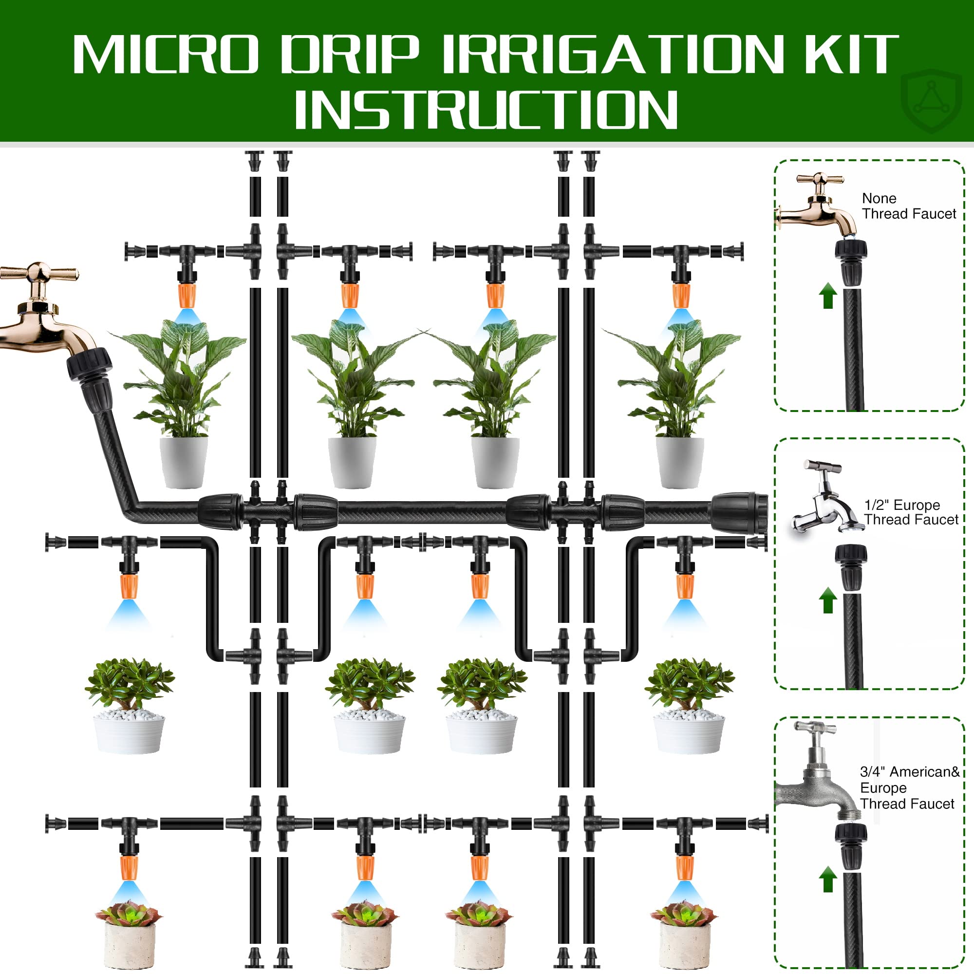 164FT 190 Pcs Drip Irrigation Kit,Garden Irrigation System 1/4" 1/2” Blank Distribution Tubing Watering Drip Kit Automatic Irrigation Equipment for Garden Greenhouse, Flower Bed,Patio,Lawn (164 FT)