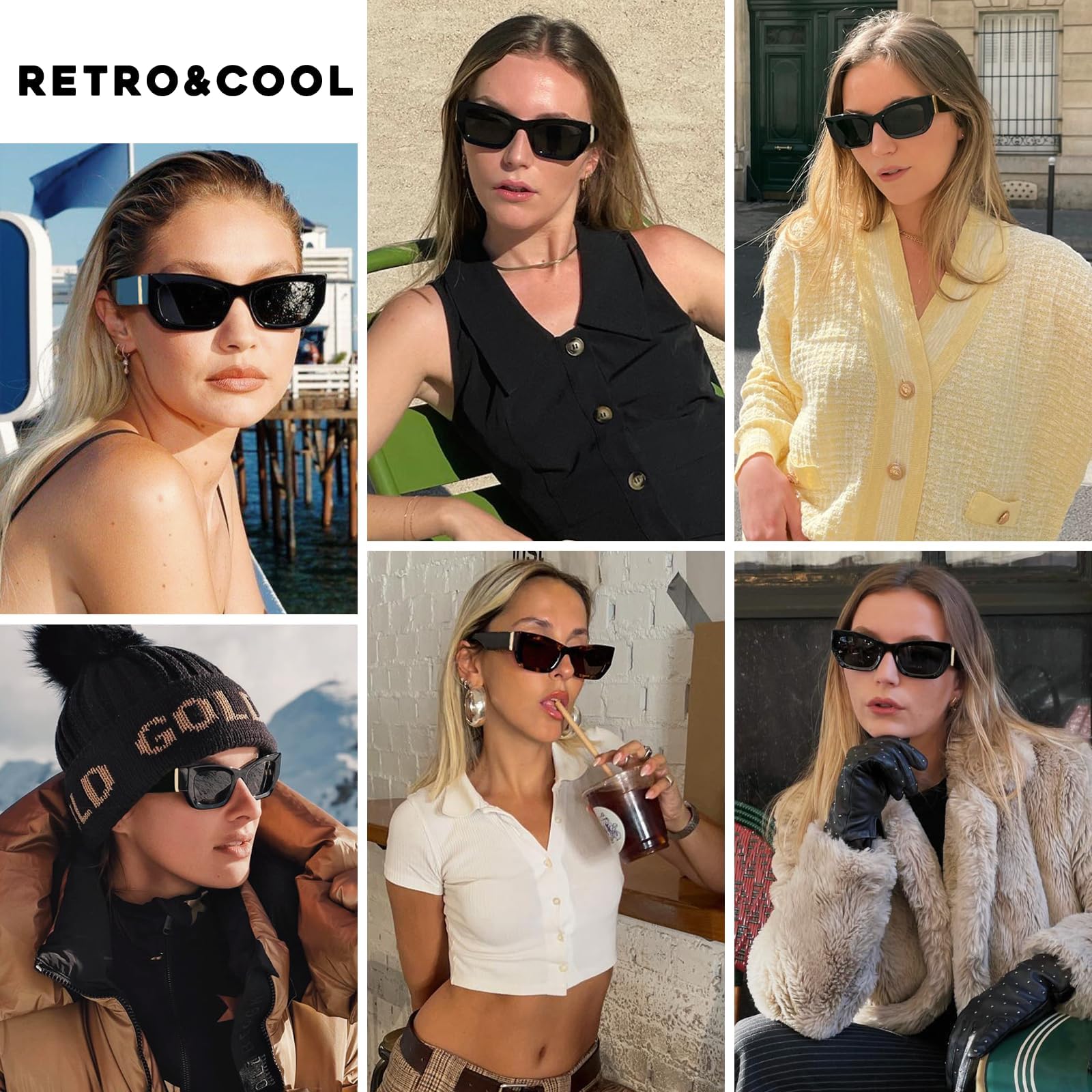 mosanana Trendy Cat Eye Sunglasses for Women Retro Designer Chunky Fashion Cool Vintage Cute Polarized Rectangular Cool Unique Stylish 2024 Shades Black MS52370