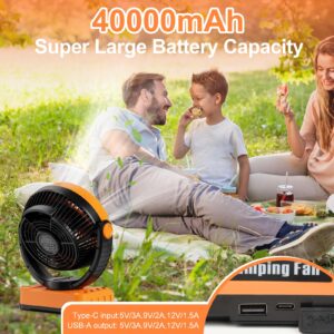 40000mAh Rechargeable Camping Fan with Remote,Battery Operated Table Fan with LED Lantern,Auto Oscillating,Timer,Hanging Hook,Portable Tent Fan for Camping,Home,Jobsite,Travel,Hurricane,Power Outag