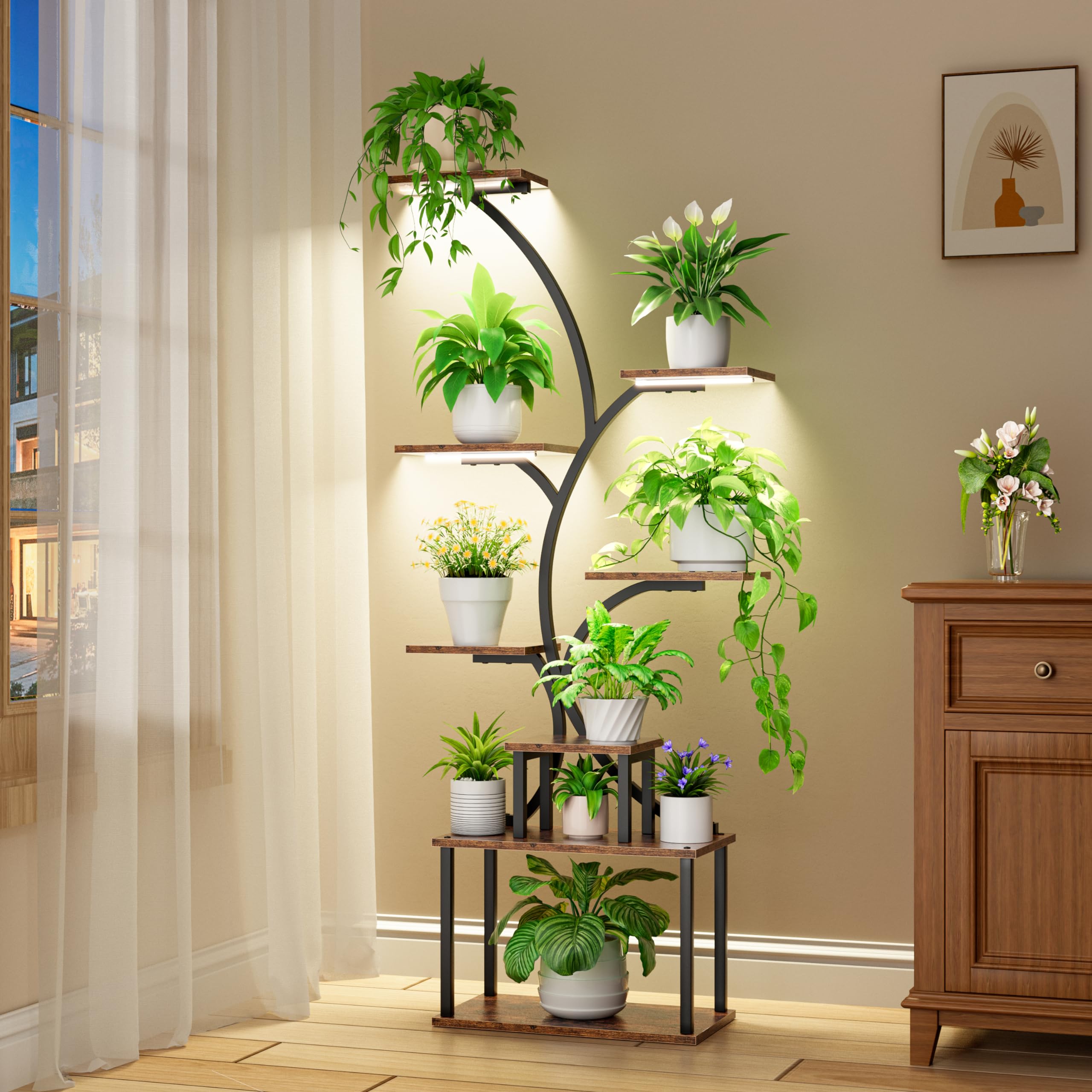 POZILAN Plant Stand Indoor with Grow Light, 8-Tiered Tall Plant Stands for Indoor Plants Multiple, Metal Plant Shelf Display Rack Holder, Flower Stand for Indoor Plants, Living Room, Garden, Patio