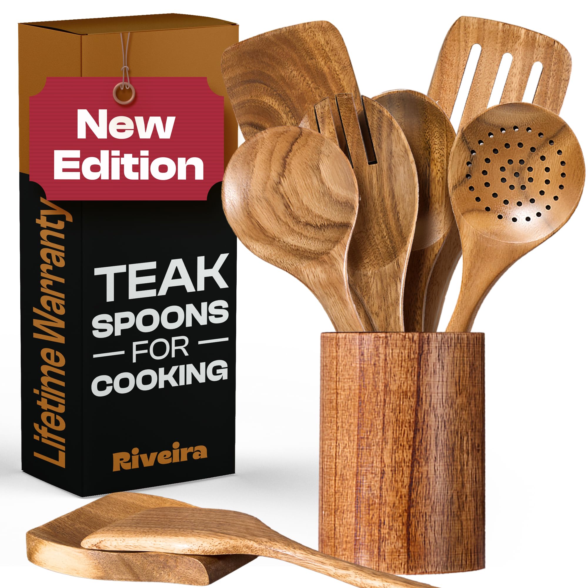 Riveira 9 Pieces Teak Wooden Spoons For Cooking – Premium & Durable Organic Teak Wooden Cooking Utensils – Non Stick Wooden Spatula For Cooking – Non Toxic Wooden Utensil Set With Holder & Spoon Rest