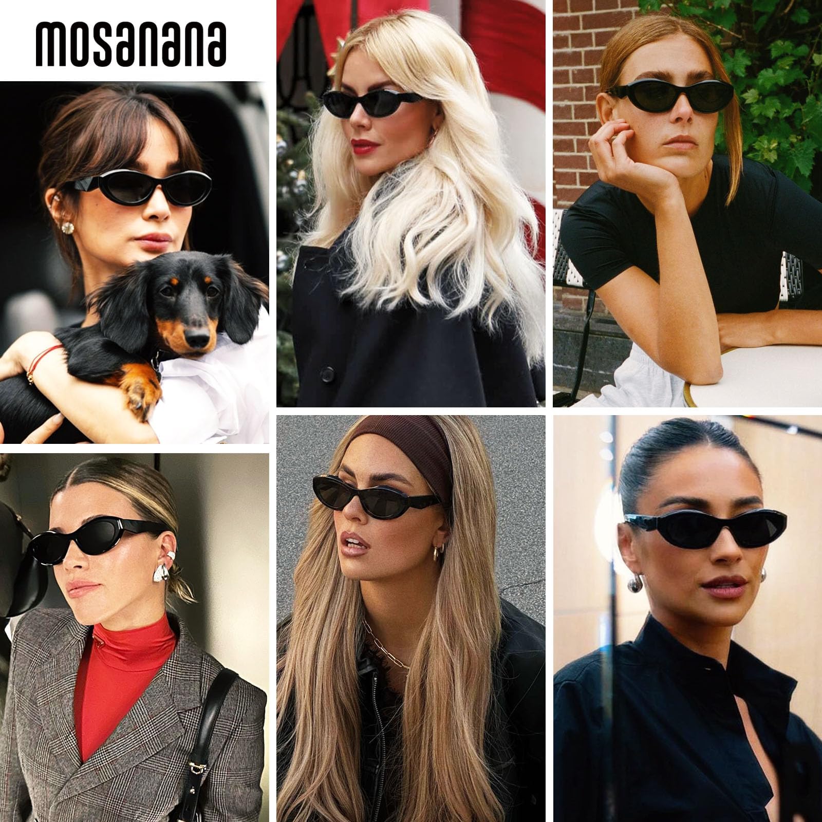 mosanana Oval Cat Eye Sunglasses for Women Black Retro Vintage Trendy Fashion Cute Cool Small Face 90s Narrow Stylish Chunky Frame MS52372