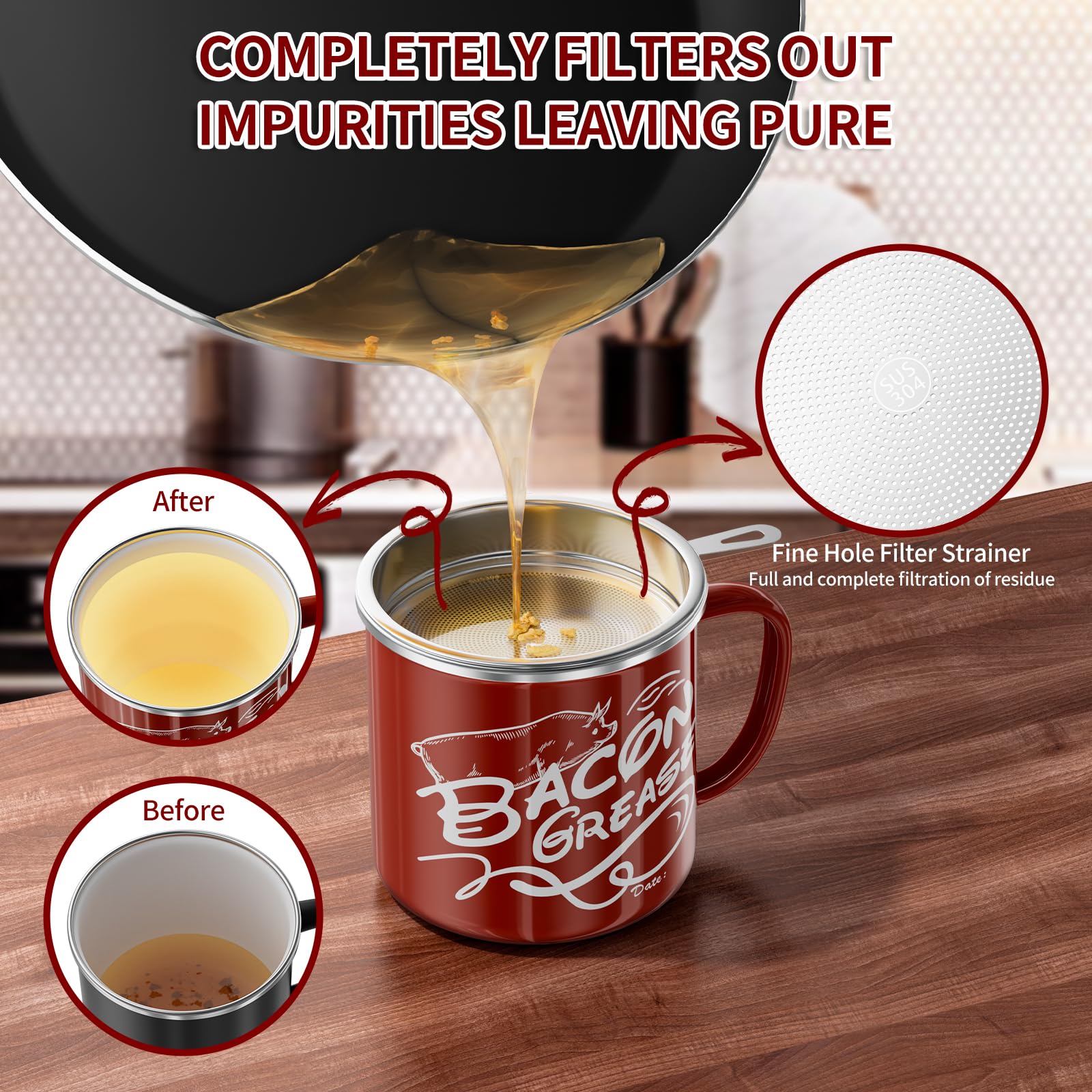 Ffrwjc Bacon Grease Saver with Strainer - 46OZ Bacon Grease Container for Kitchen, Large Enamel Stainless Steel oil container for Bacon Fat Dripping, Farmhouse Kitchen Decor, Dishwasher Safe (RED)