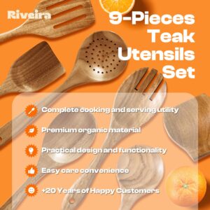 Riveira 9 Pieces Teak Wooden Spoons For Cooking – Premium & Durable Organic Teak Wooden Cooking Utensils – Non Stick Wooden Spatula For Cooking – Non Toxic Wooden Utensil Set With Holder & Spoon Rest