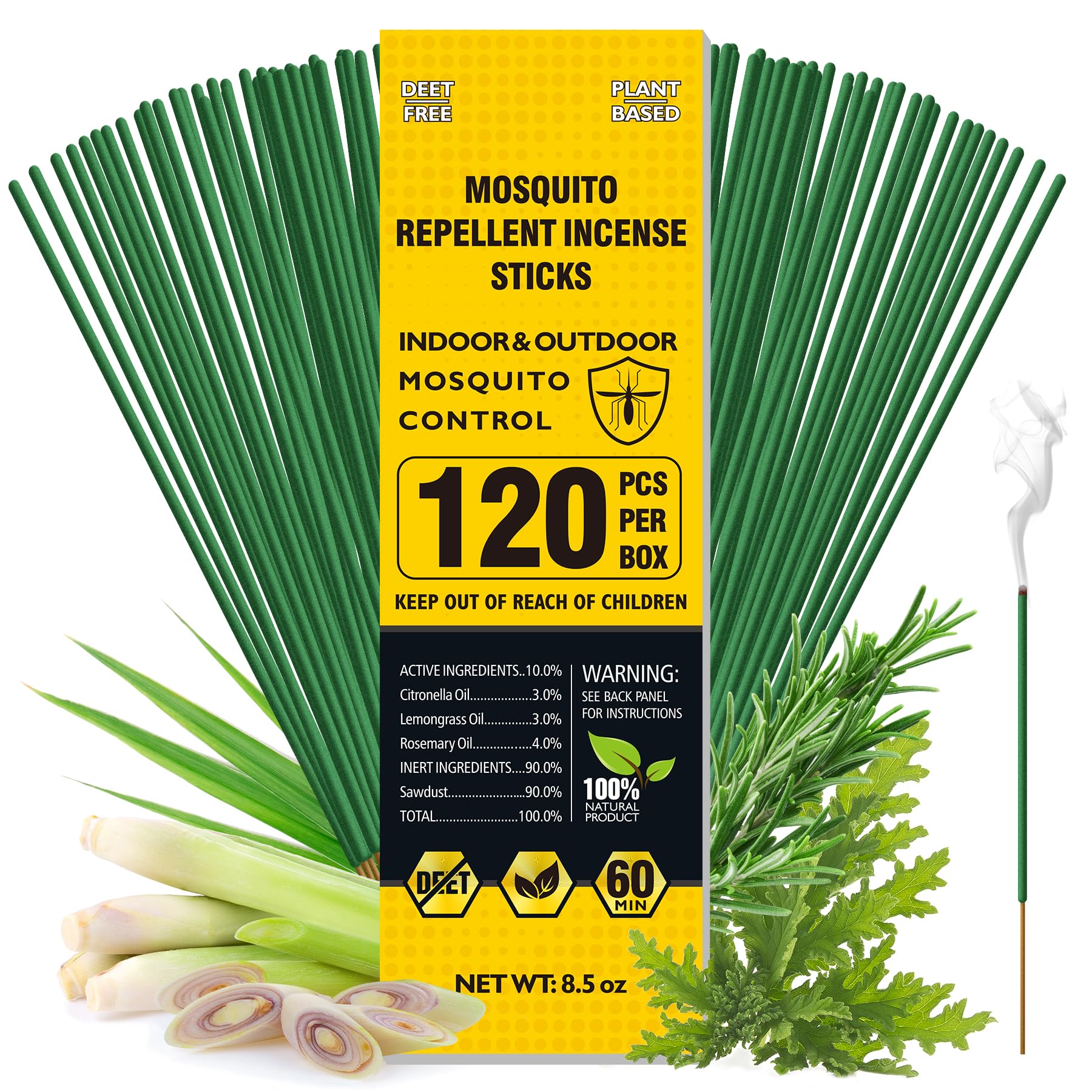 Mosquito Repellent Outdoor Patio 120 PCS, Citronella Oil Mosquito Incense Sticks Indoor Home Pet Family Safe, Natural Plant-Based Bug Insect Barrier for Yard Garden Lawn Camping Fishing