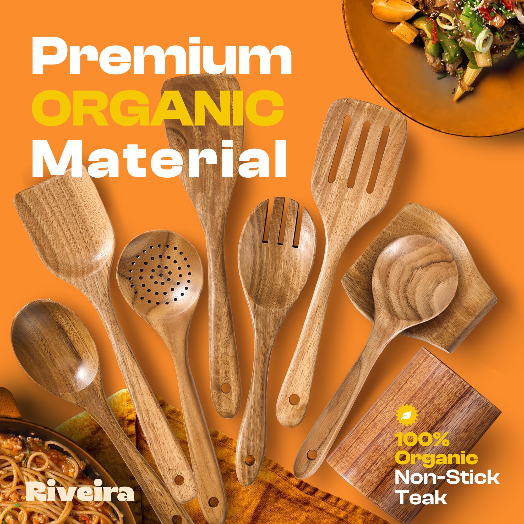 Riveira 9 Pieces Teak Wooden Spoons For Cooking – Premium & Durable Organic Teak Wooden Cooking Utensils – Non Stick Wooden Spatula For Cooking – Non Toxic Wooden Utensil Set With Holder & Spoon Rest