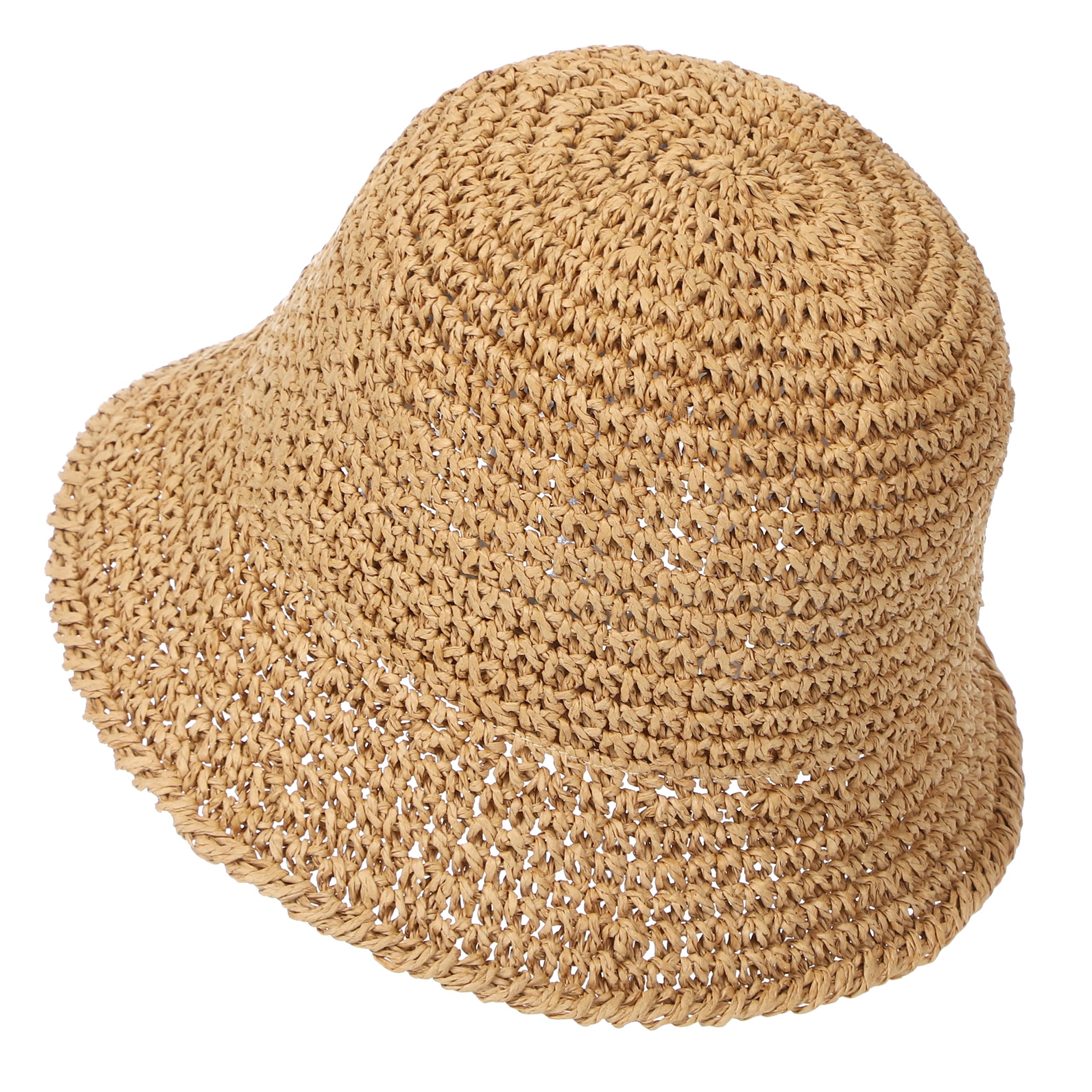 Rulala Fancy Womens Sun Hat Handmade Straw Bucket UV Protection Wide Brim Packable Travel Summer Cap for Beach UPF 50+(Khaki)