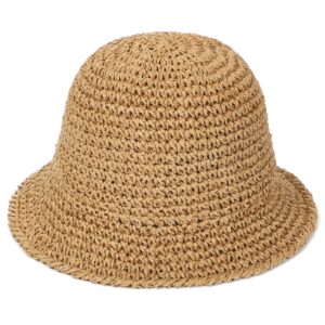 Rulala Fancy Womens Sun Hat Handmade Straw Bucket UV Protection Wide Brim Packable Travel Summer Cap for Beach UPF 50+(Khaki)