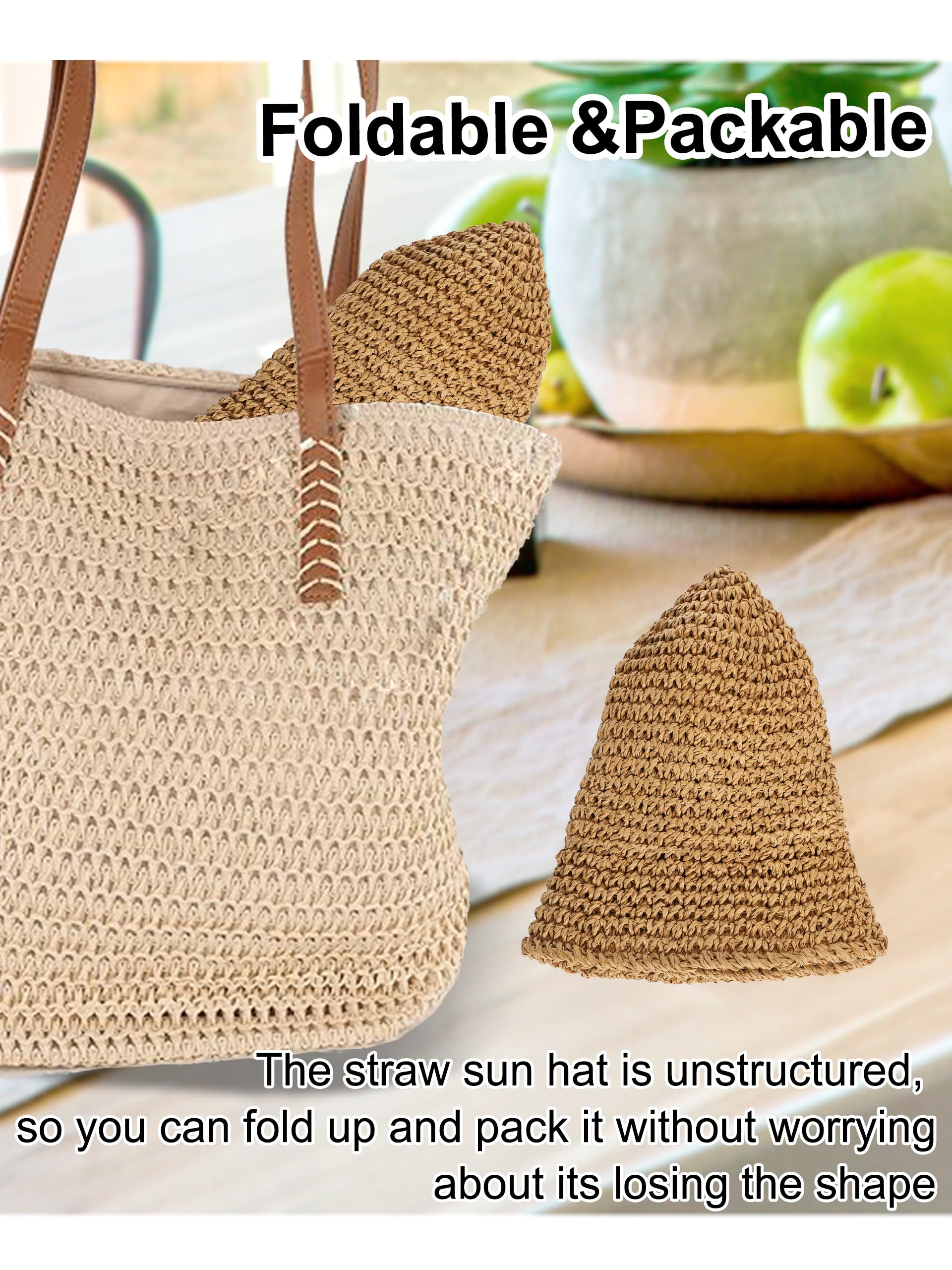 Rulala Fancy Womens Sun Hat Handmade Straw Bucket UV Protection Wide Brim Packable Travel Summer Cap for Beach UPF 50+(Khaki)