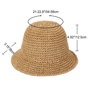 Rulala Fancy Womens Sun Hat Handmade Straw Bucket UV Protection Wide Brim Packable Travel Summer Cap for Beach UPF 50+(Khaki)