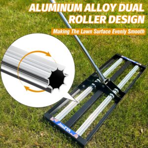 Updated Lawn Leveling Rake with Aluminum Rollers, Stainless Steel 30"x10" Levelawn Tool , Heavy-Duty Lawn Leveler with 80" Extended Handle, Yard Leveling Rake Suit for Garden, Golf Lawn, Farm