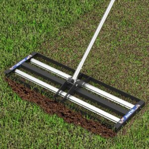 updated lawn leveling rake with aluminum rollers, stainless steel 30"x10" levelawn tool , heavy-duty lawn leveler with 80" extended handle, yard leveling rake suit for garden, golf lawn, farm