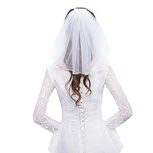 AOREAS White Short Wedding Veil Pearl Rhinestone Bride Veils Bridal Veils Bachelorette Party Veil for Brides and Women (White 1)