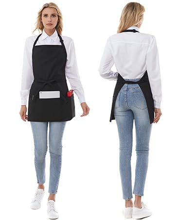 Y.F.H sunbest Chef Apron 3 Pocket Short Apron Adjustable Halter Apron Waitress Apron Kitchen Aprons for Cooking Women Black