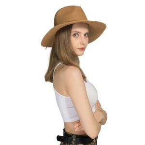 Harikery Womens Wide Brim Sun Hat with Wind Lanyard Summer Beach Straw Sun Hat for Women UPF 50+ for Travel Beige