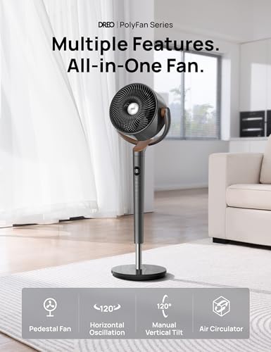 Dreo Fan for Bedroom, 120° Oscillating Standing Pedestal Fan, DC Motor, 80ft Air Circulator for Whole Room, 8 Speeds, 3 modes, 120° Manual Vertical Tilt, Quiet, 23dB, 35-40" Adjustable Height, Timer