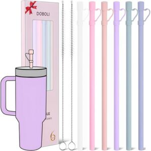 doboli replacement 12 inch long silicone straw with straw cover,compatible with stanley owala 40 oz 30 oz cup tumbler, 6 pack reusable straw with cleaning brush,for stanley owala tumbler accessorie