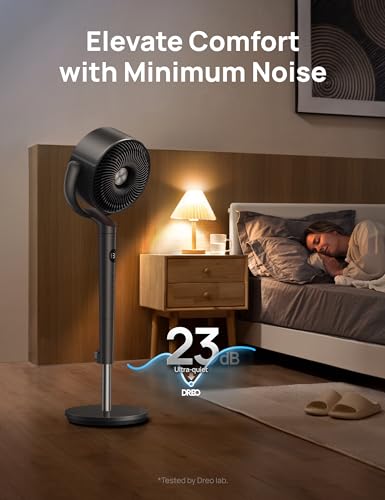 Dreo Fan for Bedroom, 120° Oscillating Standing Pedestal Fan, DC Motor, 80ft Air Circulator for Whole Room, 8 Speeds, 3 modes, 120° Manual Vertical Tilt, Quiet, 23dB, 35-40" Adjustable Height, Timer