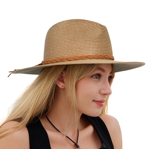 Harikery Womens Wide Brim Sun Hat with Wind Lanyard Summer Beach Straw Sun Hat for Women UPF 50+ for Travel Beige