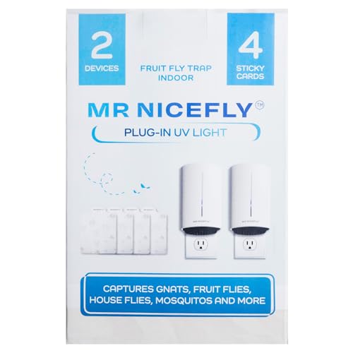 MR NICEFLY 2 Pack - Fruit Fly Traps for Indoors & Gnat Traps for House Indoor, Bug Zapper & Mosquito Killer with UV Night Light Attractant (2 Device + 4 Sticky Cards)