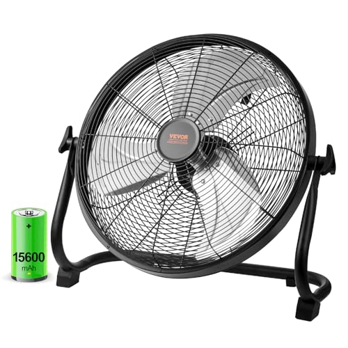 VEVOR 16'' Rechargeable Floor Fan, Portable Quiet Personal Fan for Home or Office, 360 Degree Manual Pivoting Head, Stepless Speed Regulation High Velocity, Heavy Duty Metal Industrial Cordless Fans