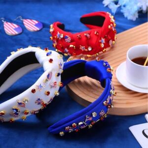 Newcotte 3 Pcs 4th of July Headband for Women American Flag Knotted Headband Star USA Charm Red White Blue Headband Women Patriotic Headbands Headpiece Crystal Knot Wide Hairband Accessories Gift