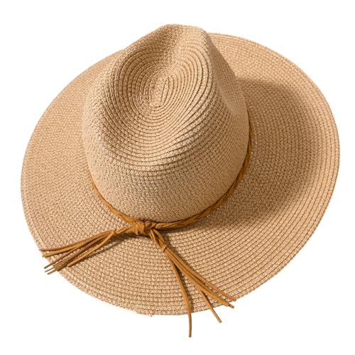 Harikery Womens Wide Brim Sun Hat with Wind Lanyard Summer Beach Straw Sun Hat for Women UPF 50+ for Travel Beige