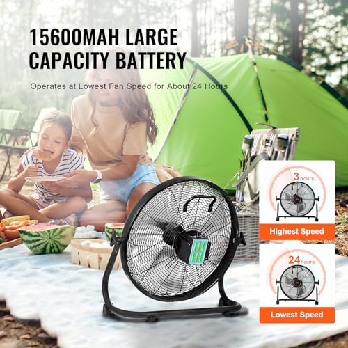 VEVOR 16'' Rechargeable Floor Fan, Portable Quiet Personal Fan for Home or Office, 360 Degree Manual Pivoting Head, Stepless Speed Regulation High Velocity, Heavy Duty Metal Industrial Cordless Fans