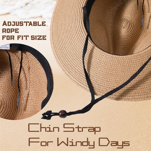 Harikery Womens Wide Brim Sun Hat with Wind Lanyard Summer Beach Straw Sun Hat for Women UPF 50+ for Travel Beige